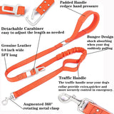 Orange Leather Dog Leash 6 ft Heavy Duty Bungee with Seat Belt Buckle