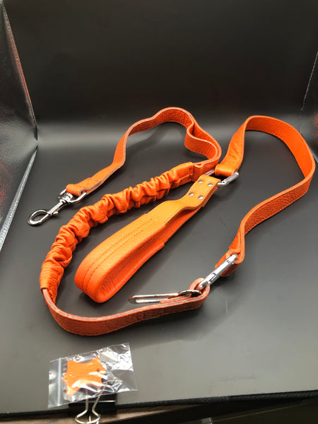 Orange Leather Dog Leash 6 ft Heavy Duty Bungee with Seat Belt Buckle
